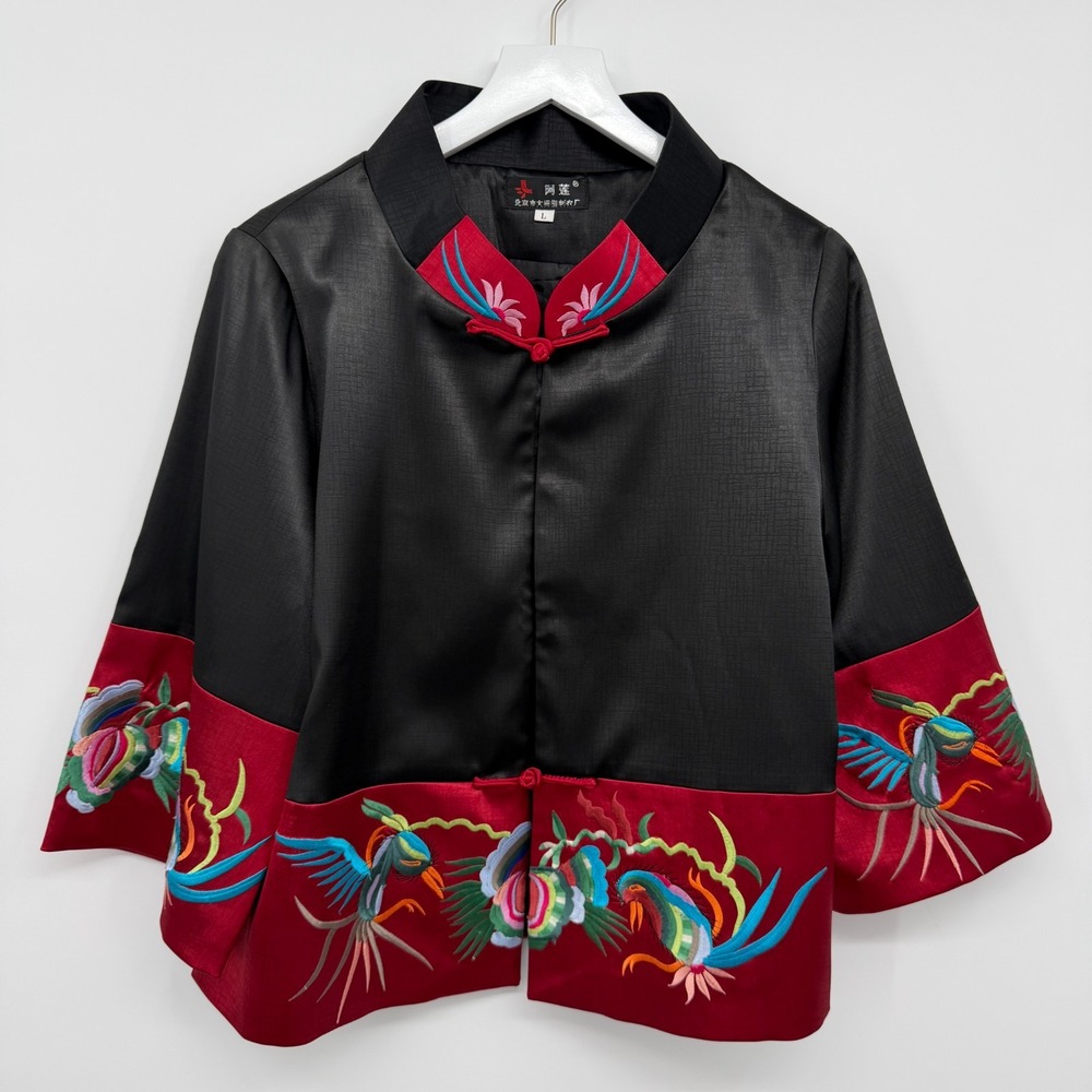 Embroidered Oriental Embroidered Jacket Womens Large 3/4 Sleeve Satin Dragon - Picture 12 of 12